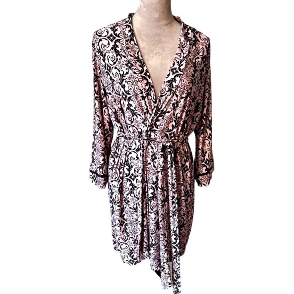 Linea Donatella Pink Black Damask Scroll Print Short Robe Wrap‎ L/XL